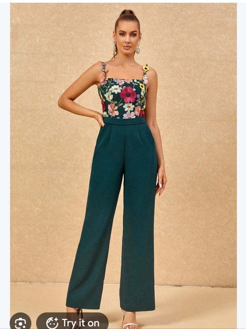 Floral Bodice Wide-Leg Jumpsuit in Deep Teal